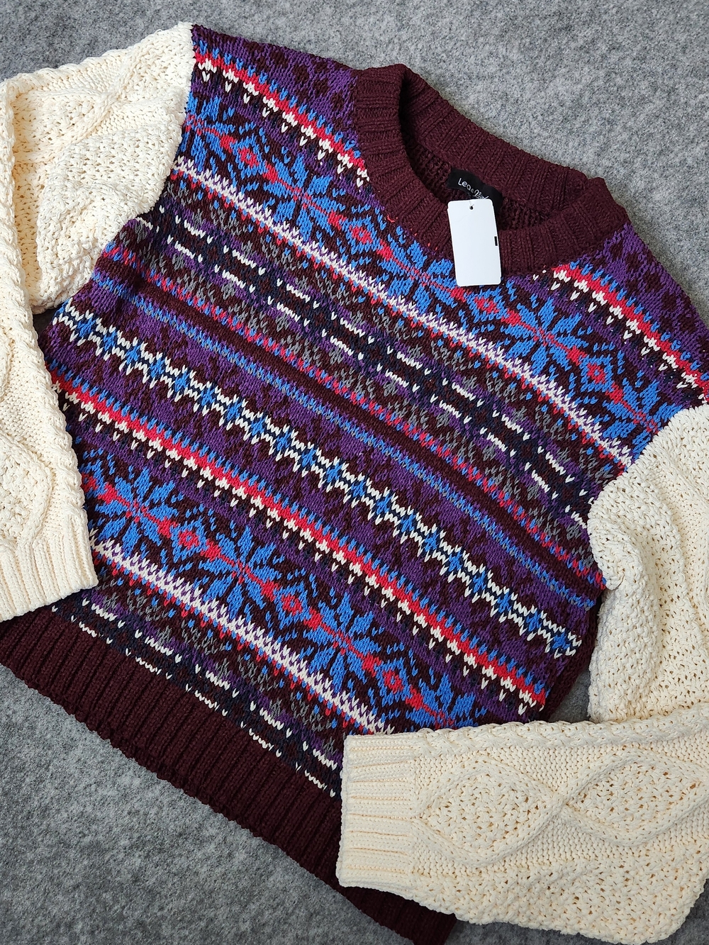 NWT Lea & Viola Fair Isle Cable Knit Sweater Women's L Burgundy Beige Fisherman